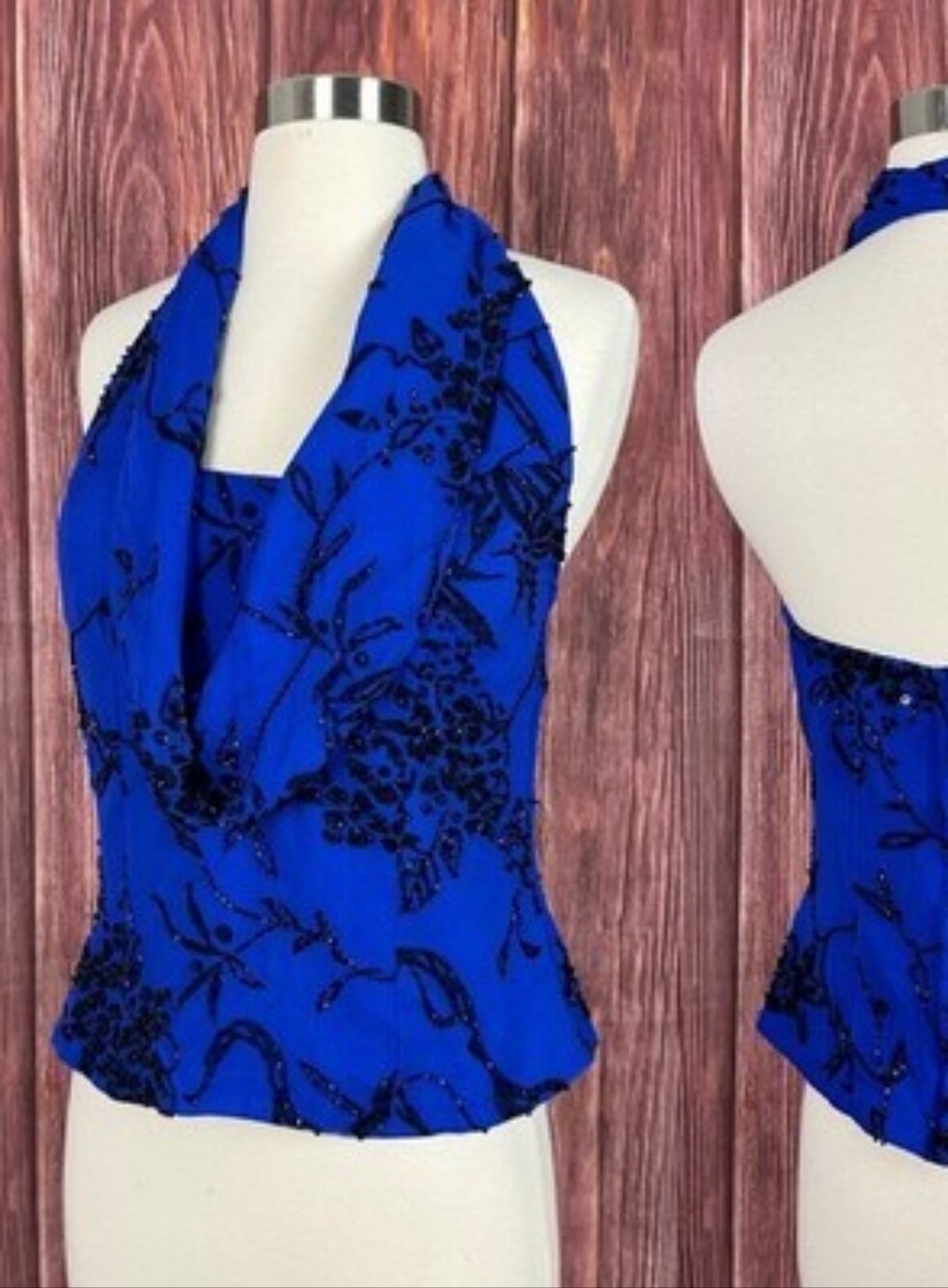 Andretta Donatello 100 Silk Halter Top Blue Beaded Size Small